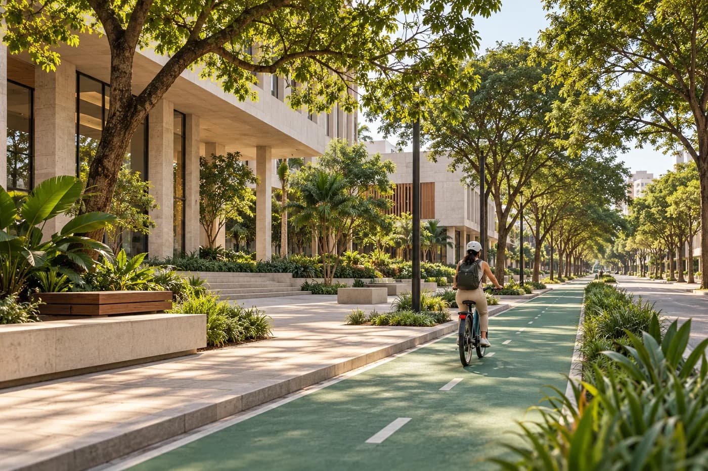 Ciclista em uma ciclovia arborizada junto a edifícios urbanos