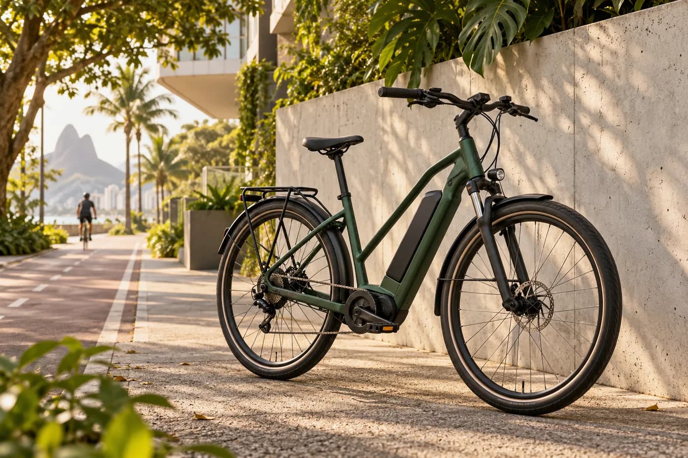 Bicicleta elétrica verde em uma rua arborizada, junto a uma arquitetura contemporânea