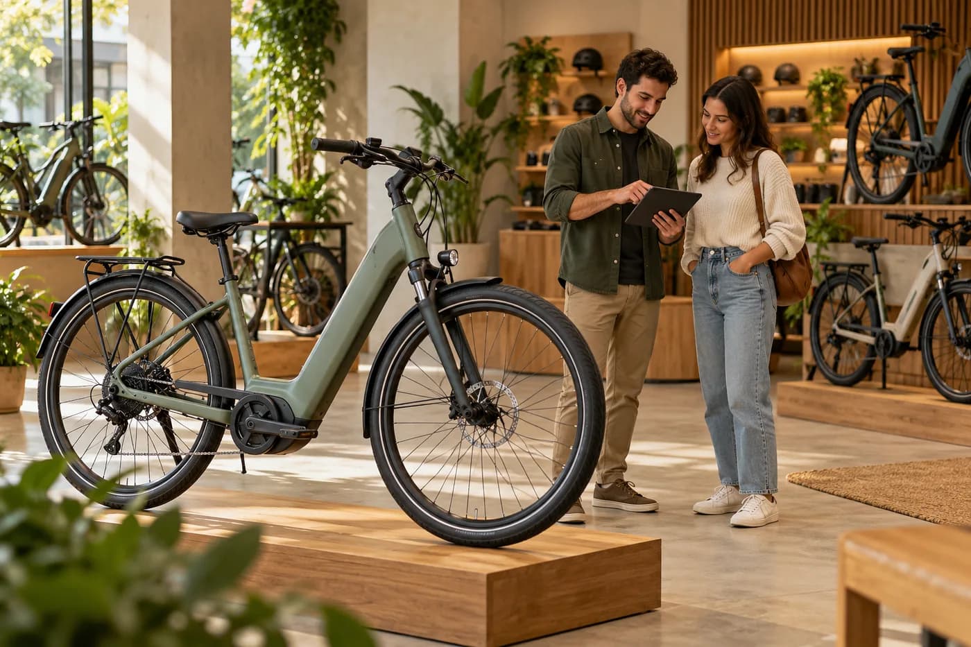 Bicicleta elétrica em uma loja, com atendimento ao cliente ao fundo